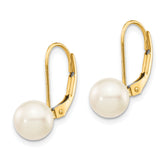 14k 7-8mm White Round Saltwater Akoya Cultured Pearl Leverback Earrings